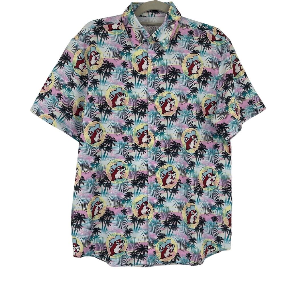Buc-ee's Hawaiian Button Mens Shirt Sz S Road Trip Beach Novelty Tropical Palm